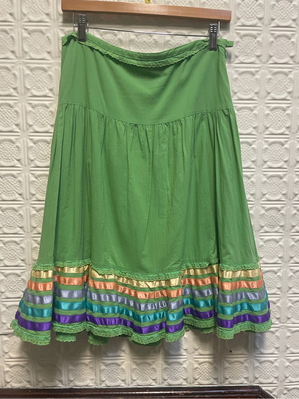 Odille Green Tiered Ribbon-Trim Midi Skirt